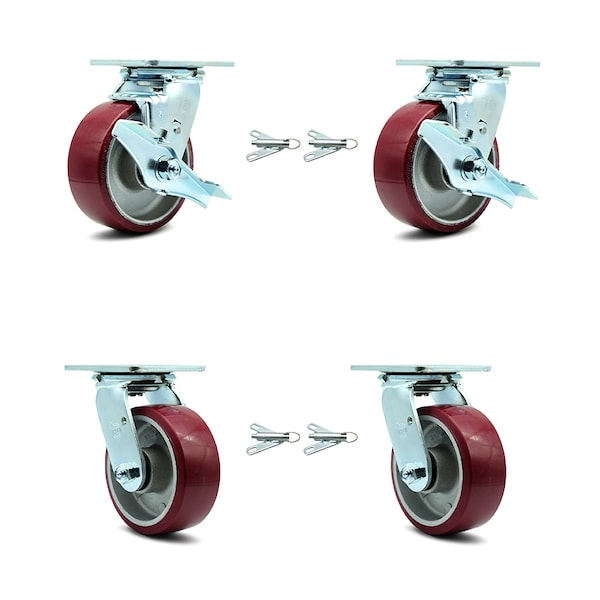 Service Caster 5 Inch Poly on Aluminum Caster Set with Roller Bearings 4 Swivel Lock 2 Brake SCC-30CS520-PAR-TLB-BSL-2-BSL-2 - main